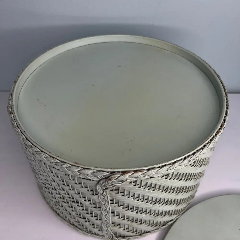 Vtg 60s Harvey Wicker Woven Lidded Sewing Basket  Box Cottage Floral Top Decal